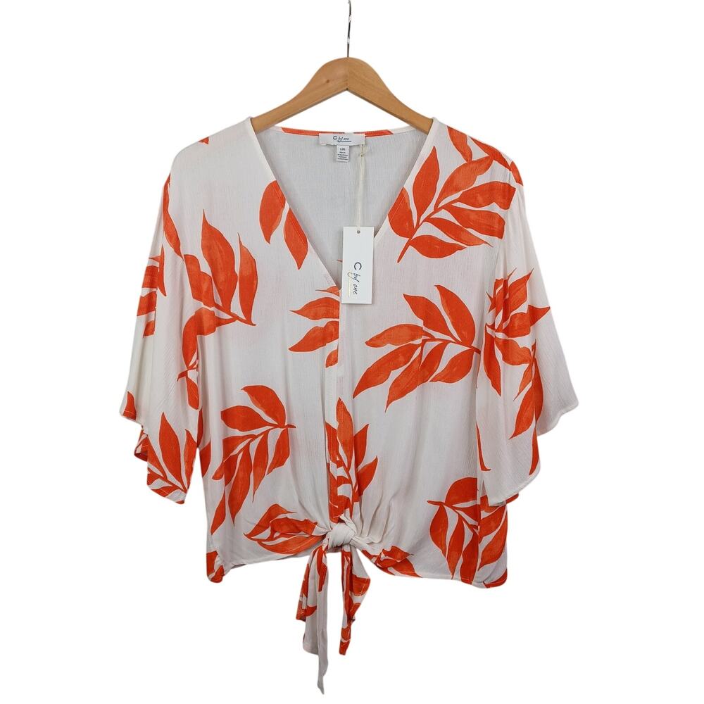 C by One Women Tropical Leaf Tie Front Top L White Orange Gauze Vacation‎ Beach